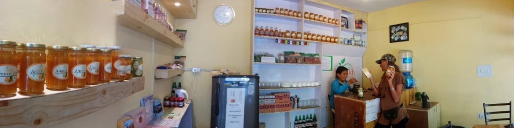 Apricot shop interior with shelves of jam and preserves in Ladakh